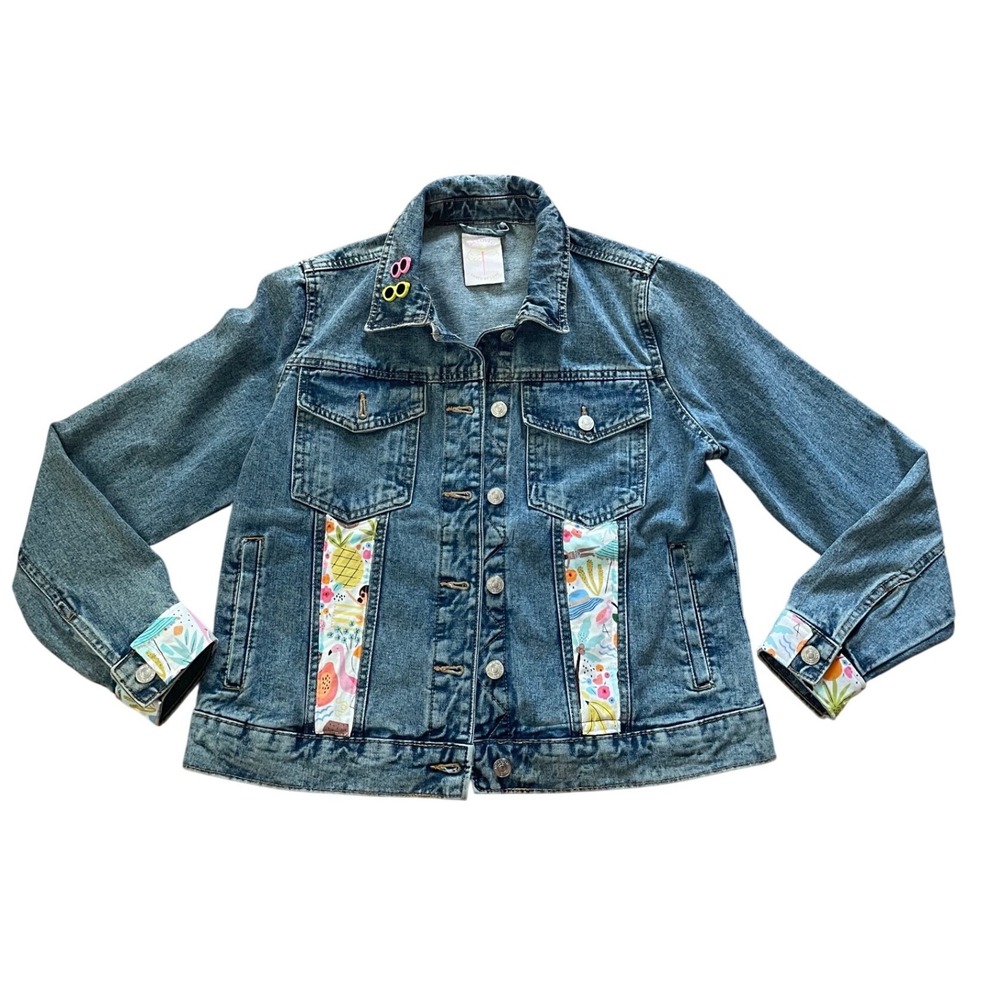 2X Loved Saved By Love Kids Denim Jacket Tropical Patch Sunglasses Pins Size 12